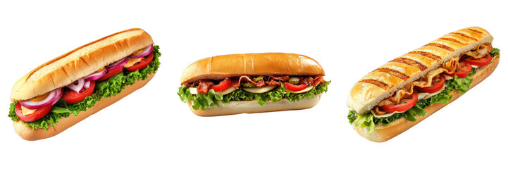 Three delicious sub sandwiches, freshly prepared with a variety of toppings