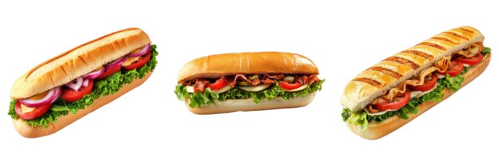 Three delicious sub sandwiches, freshly prepared with a variety of toppings