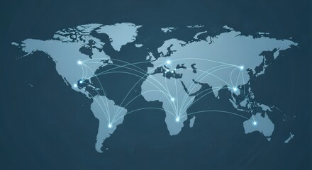 Obraz premium World map with glowing connection points and lines illustrating global network, logistics, cargo transportation, digital communication, and business partnership.