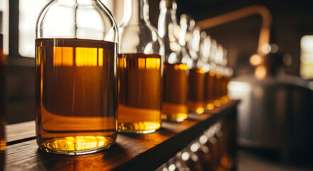 Row of amber liqueur bottles lined up on a wooden surface