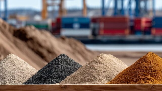 Sunny construction site with piles of sand and gravel, close-up showing granular textures