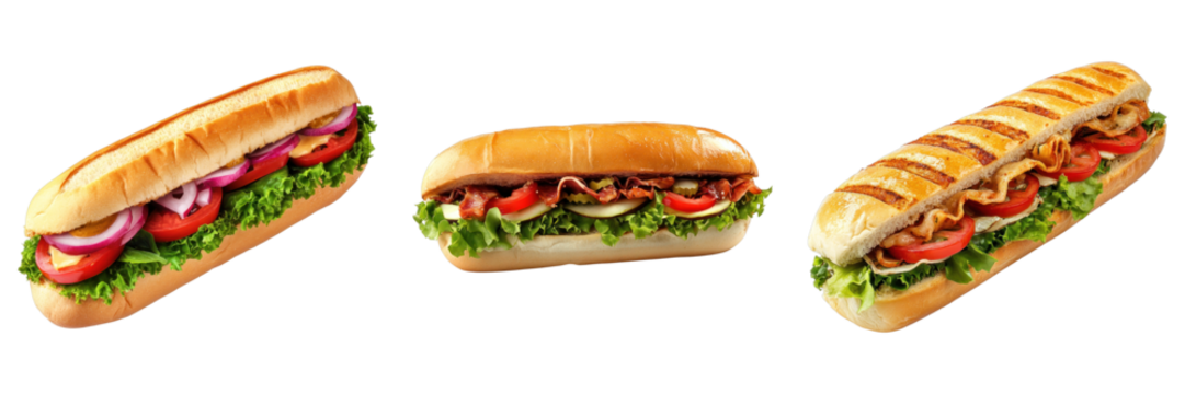 Three delicious sub sandwiches, freshly prepared with a variety of toppings