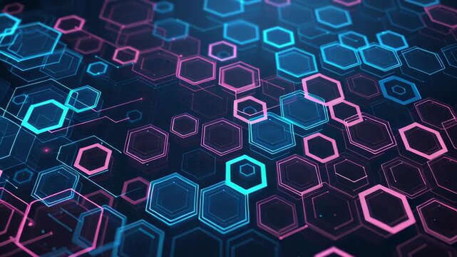 Futuristic hexagonal digital background with vibrant blue and pink neon colors for modern design