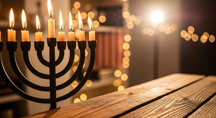 Eight lit candles on a menorah with blurry festive lights in the background