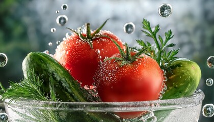 fresh tomatoes and cucumbers in a glass bowl with bubbles and herbs