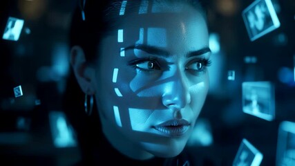 Woman Face Illuminated by Blue Holographic Data Projections and Floating Interface Elements - Powered by Adobe