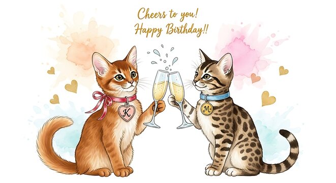 Two adorable kittens toasting with champagne glasses, wishing a happy birthday in a charming and celebratory watercolor illustration