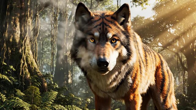 Tiger striped wolf looking forward while standing on a mossy rock in a lush dense jungle, sunbeams shining through the canopy creating a mystical forest scene