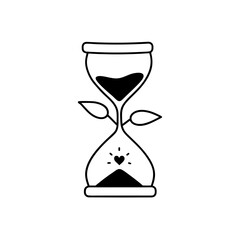 Hourglass with leaves and heart doodle illustration on transparent background