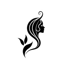 Silhouette of a woman with leaves and flowing hair on transparent background