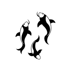 Three stylized koi fish swimming in monochrome view on transparent background