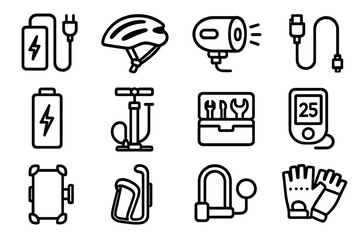 Electric Cycling Icons. Electric Cycling Essentials Icons linear icon set: charger, helmet, light, cable, battery, tire pump, toolkit, display, phone mount, bottle holder, lock,