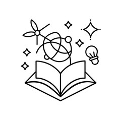 Open book with science and lightbulb illustrations on transparent background