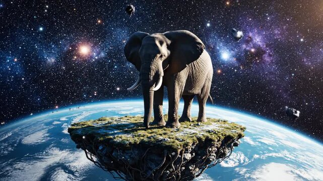 Elephant standing on a small island of grass and earth, roots intertwining beneath it, all while floating above the planet earth, surrounded by a starry universe representing surrealism and fantasy