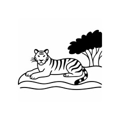 Tiger resting near a tree in black and white lineart on transparent background