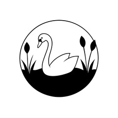 Swan in a circle with cattails black and white art on transparent background