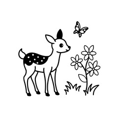 Cartoon deer with butterfly and flower illustration on transparent background