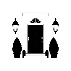 Elegant doorway with lamps and potted topiary trees on transparent background