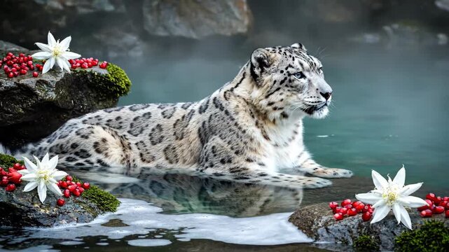 Snow leopard lying in shallow water, reflecting on the surface, with green mossy rocks, red berries, and white edelweiss flowers in a natural forest environment