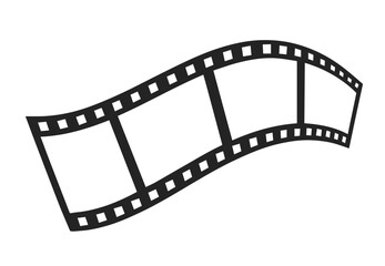Black filmstrip with rectangular frame curves on white background. Perforations along both edges. Simple flat vector graphic. Old movie cinema tape.