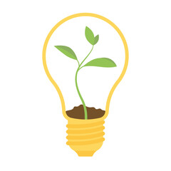 Yellow lightbulb with a small green plant inside. Green leaves sprouting from dark brown soil. Eco symbol, energy saving concept. Simple minimal vector illustration.
