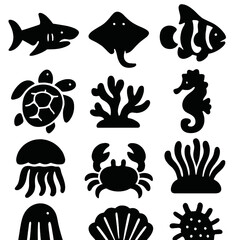 Brutalist Ocean Icons. Ocean Creatures silhouette icon set: shark, stingray, squid, clownfish, sea turtle, coral reef, seahorse, anemone, jellyfish, crab, shell, plankton.