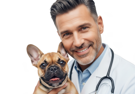Veterinarian with french bulldog isolated on transparent background