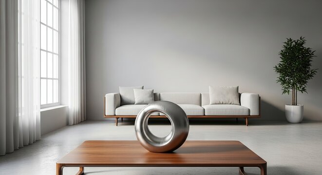 Modern minimalist living room interior with a sleek metallic sculpture on a wooden coffee table and a comfortable sofa against a textured gray wall with large windows