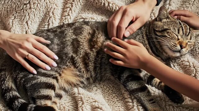 Relaxed tabby cat enjoying gentle petting from multiple family hands, symbolizing togetherness, happiness, and the loving bond between pets and their human companions