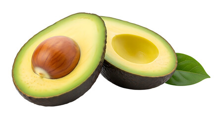 Fresh ripe avocado cut in half with a seed and green leaves isolated on a white background