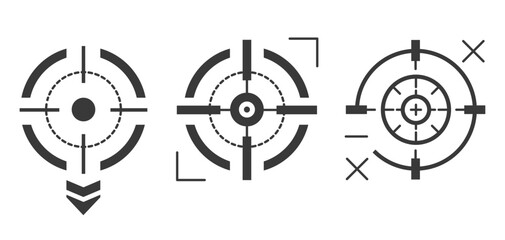 Three black geometric crosshair target icons in a row. Military target, shooting game gun element. Different aim arrangements with brackets and points.