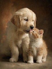 Puppy Shows Kindness by Licking Kitten Clean in Warm Natural Setting