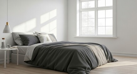 Fototapeta premium Bright and airy minimalist bedroom with a comfortable bed soft natural light streaming through a large window and a clean modern aesthetic