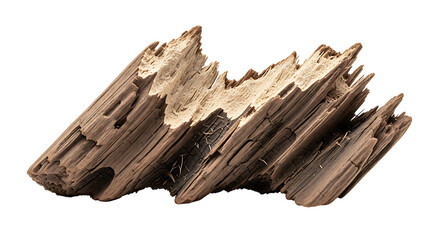 Close-up of a splintered piece of old brown driftwood with a rough texture on a white background