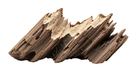 Close-up of a splintered piece of old brown driftwood with a rough texture on a white background
