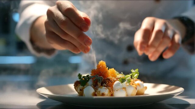 Ultra HD A chef delicately plates a gourmet dish, adding the final touches to a culinary masterpiece with artistic precision and a touch of smoky drama