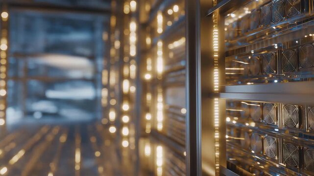 High-performance GPU mining farm with rows of illuminated video cards and cooling fans, emotion of determination and innovation visible, highlighting the energy-intensive world of blockchain