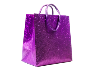 Sparkling purple gift bag with handles isolated on white background