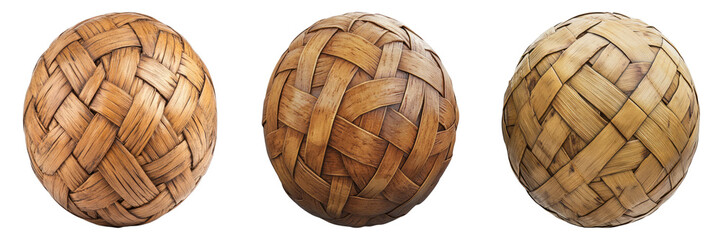 Three handcrafted balls made from woven natural materials, displaying different tones and textures