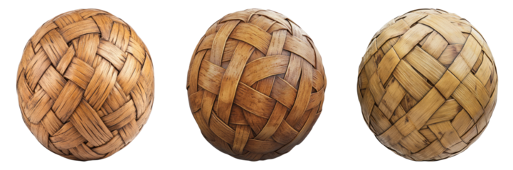 Three handcrafted balls made from woven natural materials, displaying different tones and textures