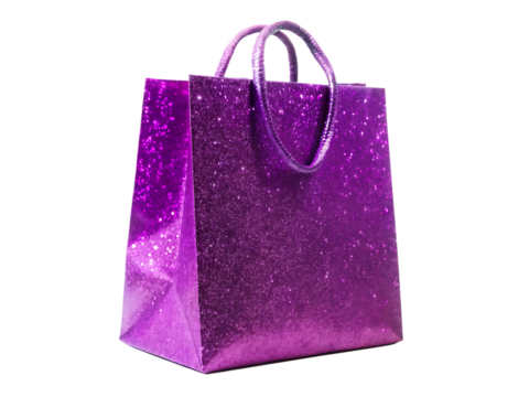 Sparkling purple gift bag with handles isolated on white background