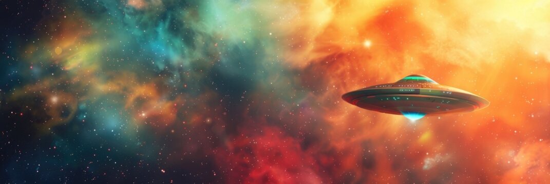 World Ufo Day, A futuristic spaceship glides through a vibrant cosmic scene filled with colorful nebulae and stars. horizontal banner, copy space, free space for text