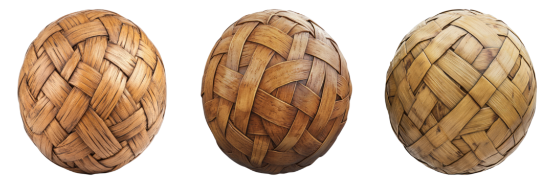 Three handcrafted balls made from woven natural materials, displaying different tones and textures