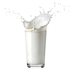 Dynamic splash of fresh white milk in a clear drinking glass against a clean white background