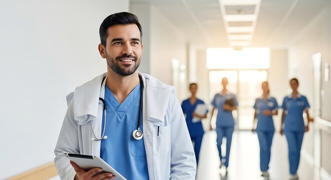 Smiling doctor in hospital hallway with colleagues, exuding confidence and professionalism in a modern healthcare setting, ready to provide quality care
