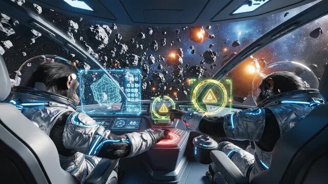 Chimpanzee astronauts piloting a high-tech spaceship, using holographic displays and joysticks while flying through a dangerous asteroid field in deep space, facing cosmic perils