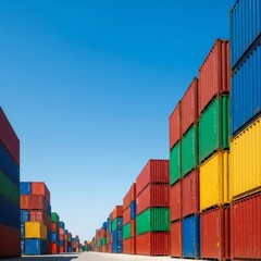 Fototapeta premium Stack of colorful shipping containers at a cargo port under a clear blue sky. Global logistics and merchandise transportation concept.