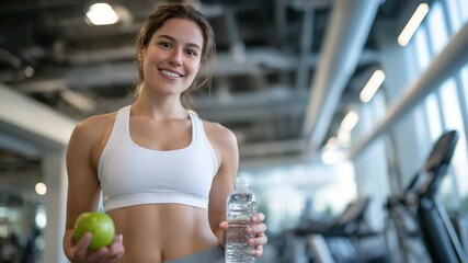 Woman with sporty attire standing in brightly lit gym, holding green apple and water bottle, motivational gym atmosphere with blurred background