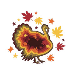 A layered illustration of a turkey with autumn leaves in warm colors, symbolizing Thanksgiving.