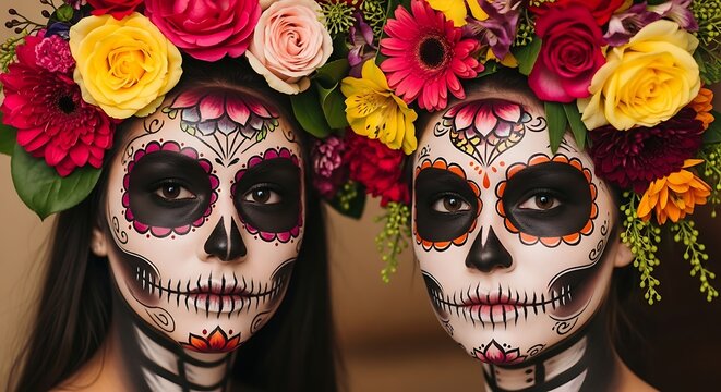 Two women with sugar skull makeup and flower crowns for day of the dead